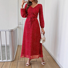 TEMU独立站外贸款法式波点 V 领收腰系带长袖气质通勤约会连衣裙