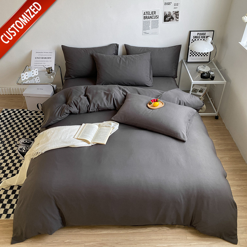 Juego de sábanas de algodón lavado cepillado de cuatro piezas, estilo primavera y otoño, color liso sencillo, juego de cama de alta gama, lujo personalizado al por mayor.