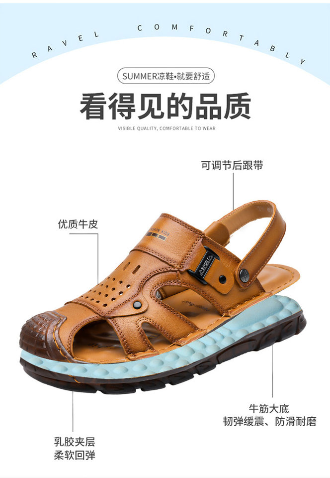 Dép sandal bít mũi nam da bò lớp đầu, đế mềm thân mềm, kiểu xỏ chân hai cách đi — G6951 màu nâu vàng, G6951 màu đen chi tiết 4
