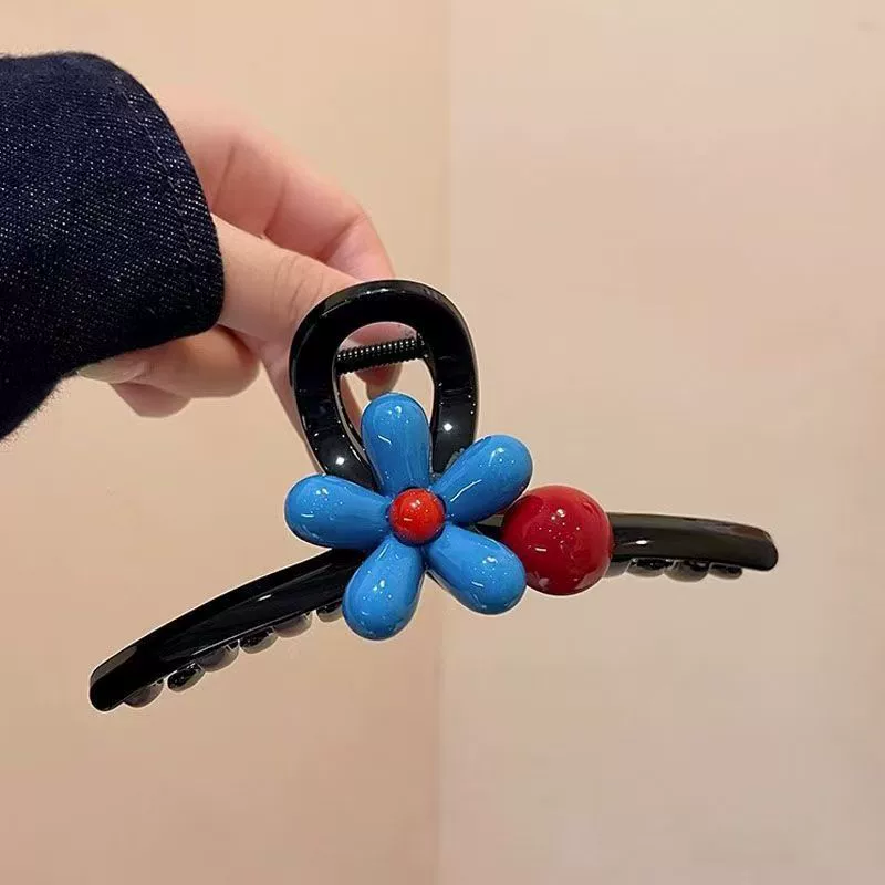 Голубые круглые бусины, крабовая булавка, большая акула, универсальная заколка для волос, аксессуар для волос, цветочная расцветка, новая коллекция, стиль высокого качества