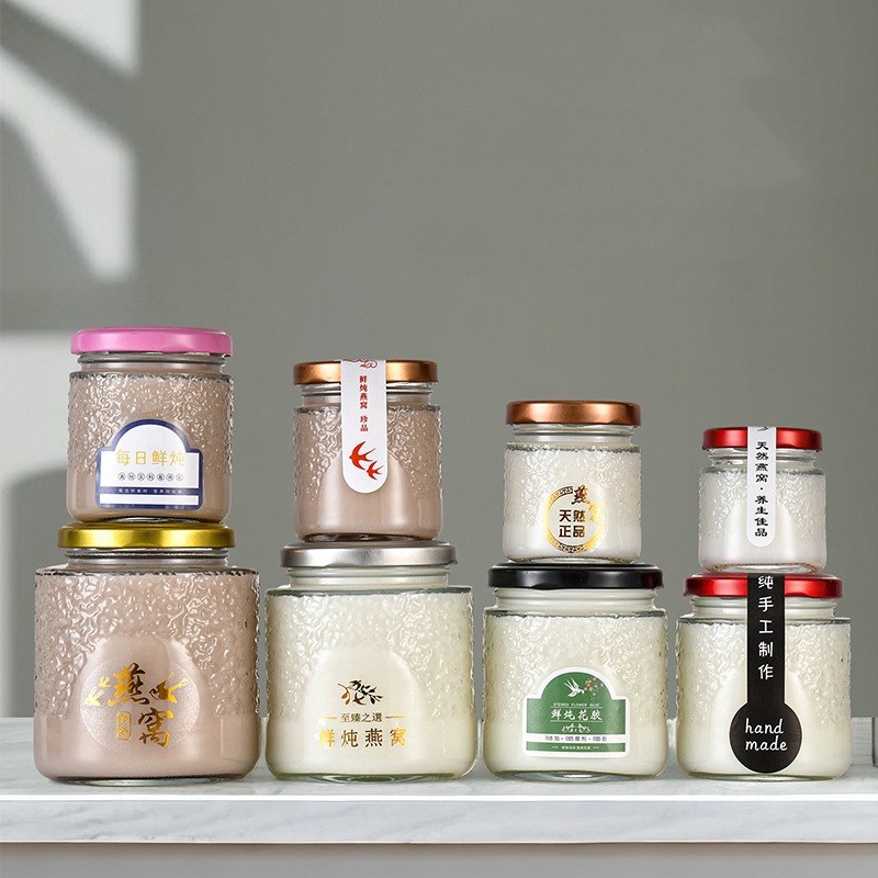厂家批发新款橘皮燕窝玻璃瓶大口鲜炖花胶蜂蜜密封瓶耐高温可蒸煮