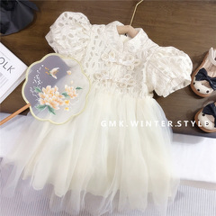 女童連衣裙新款兒童旗袍公主裙夏季女孩短袖蕾絲刺繡網紗裙子外貿