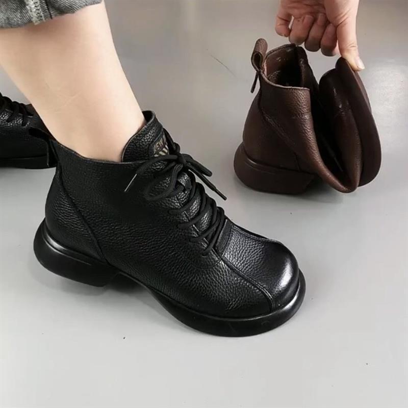 ShoeVault First Layer Cowhide Martin For Women, Autumn And Winter New Low Heel Soft Leather Fleece-Lined Women's Short Boots,_voghion.com