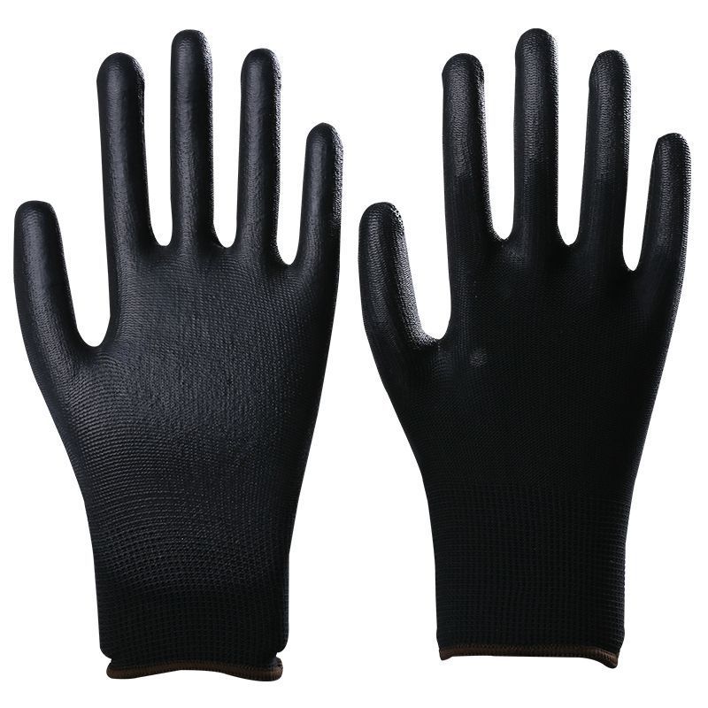 Guantes PU negros de trabajo de nylon PU de dedos de goma de inmersión de palma eléctrica de trabajo seco antideslizante delgado transpirable