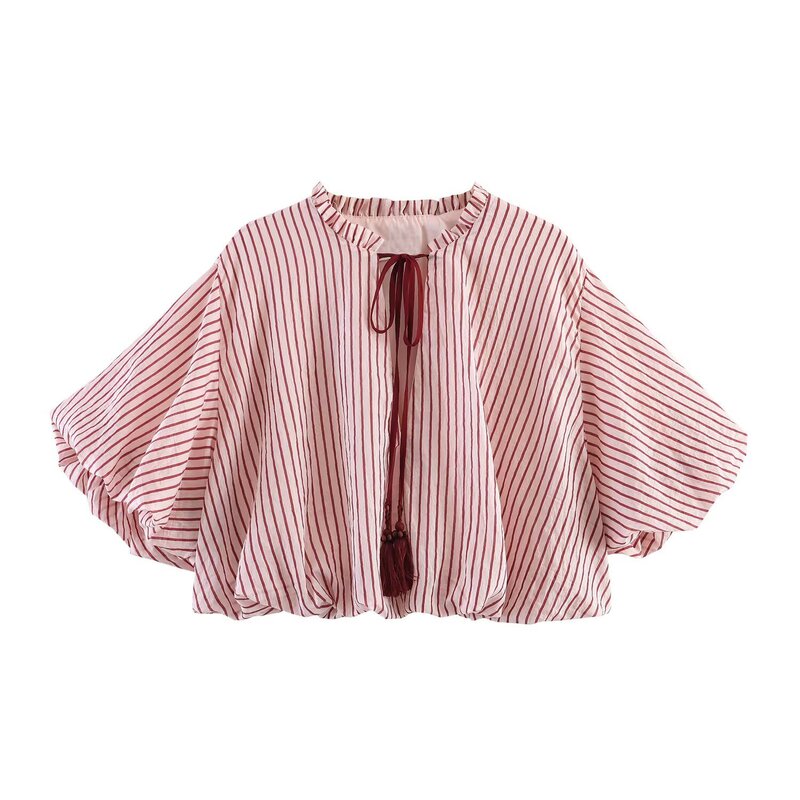 Cross-Border Women's Clothing 2026 European and American Fashion Bow Tie Lace Collar Balloon Striped Shirt for Women F612452