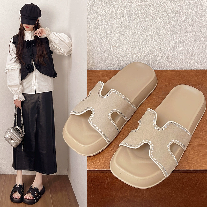 Взрывные тапочки женская летняя мода 2025 новая толстая подошва кожаная сетка красная французская сандалии с бриллиантами