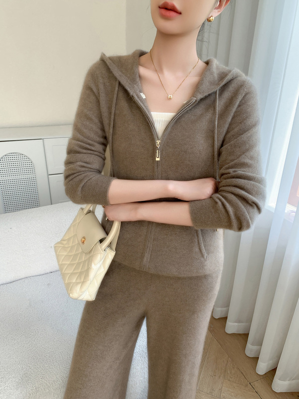 气质2025秋冬连帽拉链山羊绒开衫女外套阔腿裤针织运动套装两件套|undefined