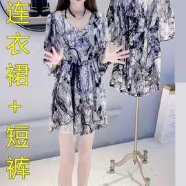 夏天女装时尚雪纺上衣短裤套装女胖宽松大码洋气百搭显瘦两件套