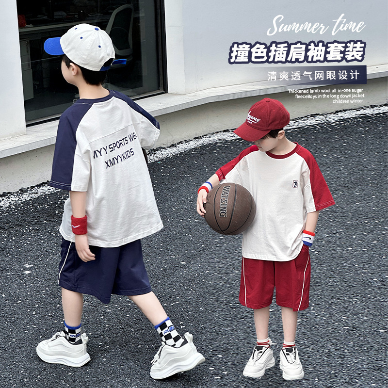 夏季中大男童短袖套装童装儿童男孩短裤两件套个性宽松运动球服潮