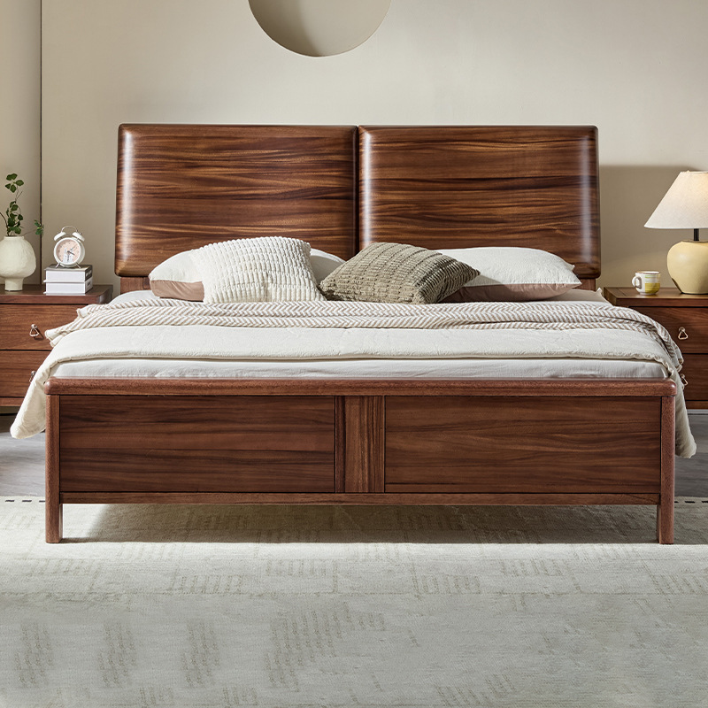 North American Black Walnut Solid Wood Bed with Mortise and Tenon Simple Master Bedroom Large Bed Silent Double Full Solid Wood Thickened Bed Board