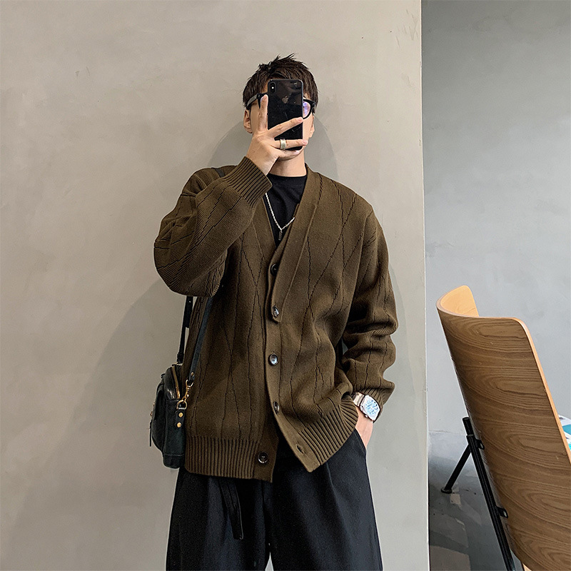 Autumn and winter new design feeling retro loose casual cardigan sweater men's coat casual ruffian handsome light mature style sweater