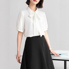 白色短袖衬衫女夏季教师穿搭雪纺正装蝴蝶结上衣面试职业气质衬衣
