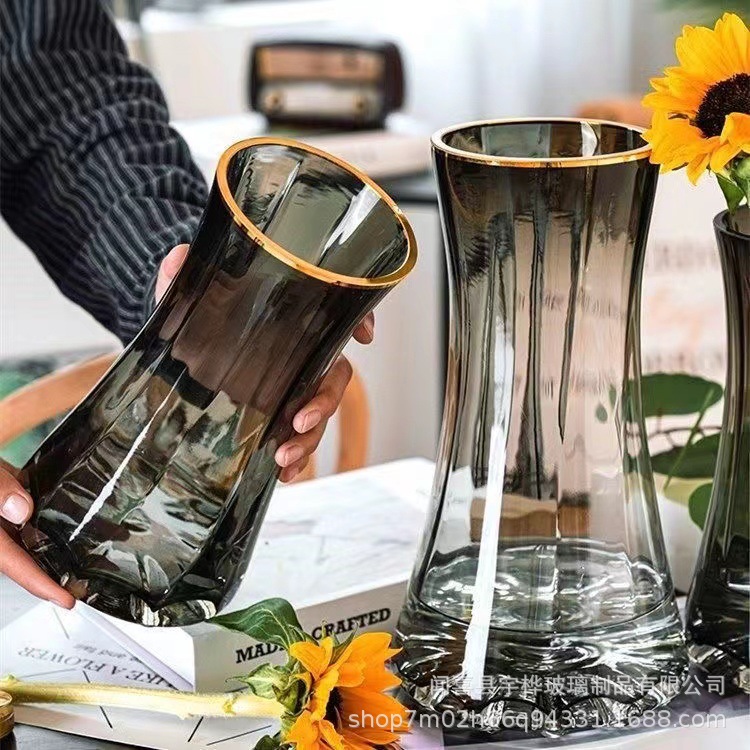 Nordic light luxury gold-plated minimalist gray Instagram-worthy vase decorative table dining room living room transparent fresh flower hydroponic glass decoration