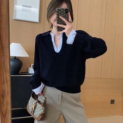 松弛感时髦撞色假两件拼接条纹针织衫女秋冬季设计感宽松V领上衣