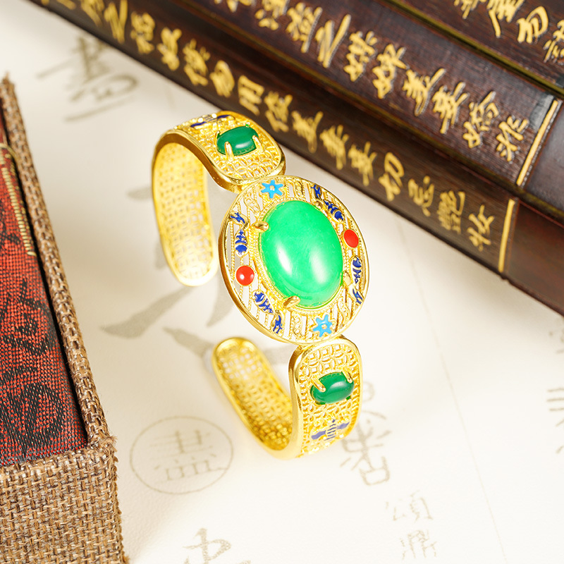 Brazalete abierto de oro de oro de Vietnam jade colorido palacio aleación de cobre esmalte de mujer fábrica de joyería Yiwu