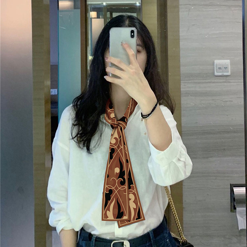 Nueva serie de Dunhuang larga pequeña bufanda de seda estilo coreano de alto grado versátil decorativo profesional pequeña bufanda cinta atada bolsa