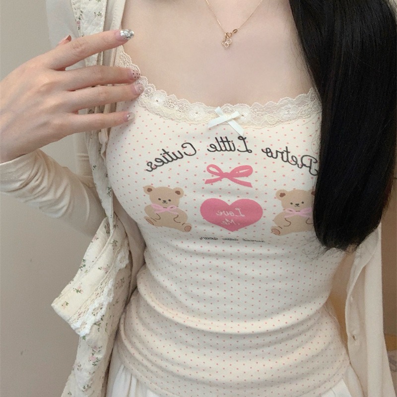 Spice Girl Graffiti Lace Bow Camisole Women's Belt Chest Pad Summer Cotton Sleeveless Cute Top Women