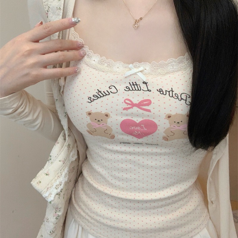 Spice Girl Graffiti Lace Bow Camisole Women's Belt Chest Pad Summer Cotton Sleeveless Cute Top Women