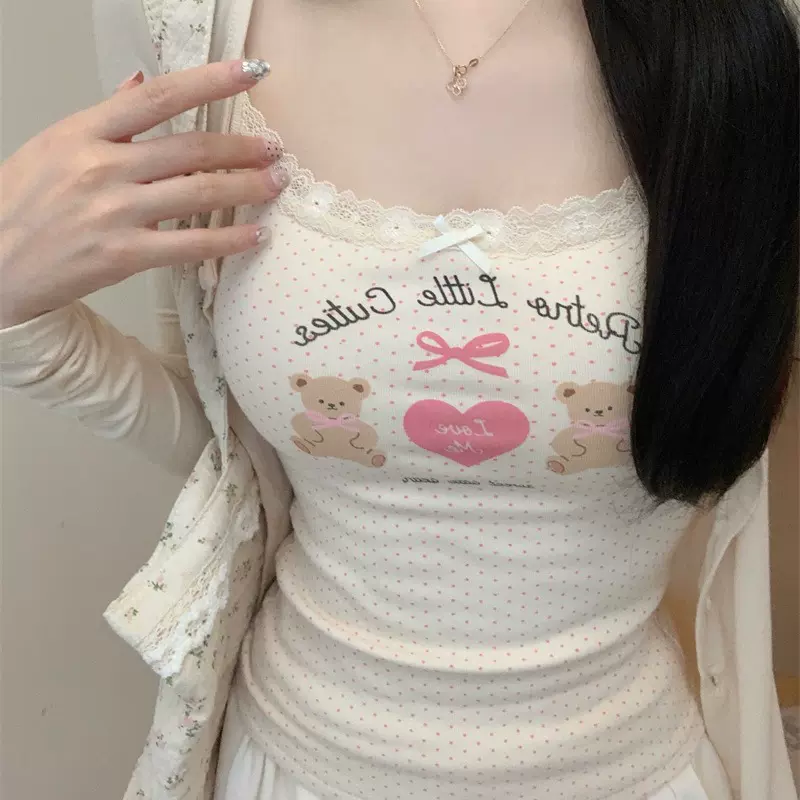 辣妹涂鸦蕾丝花边蝴蝶结吊带背心女带胸垫夏季人棉无袖可爱上衣女