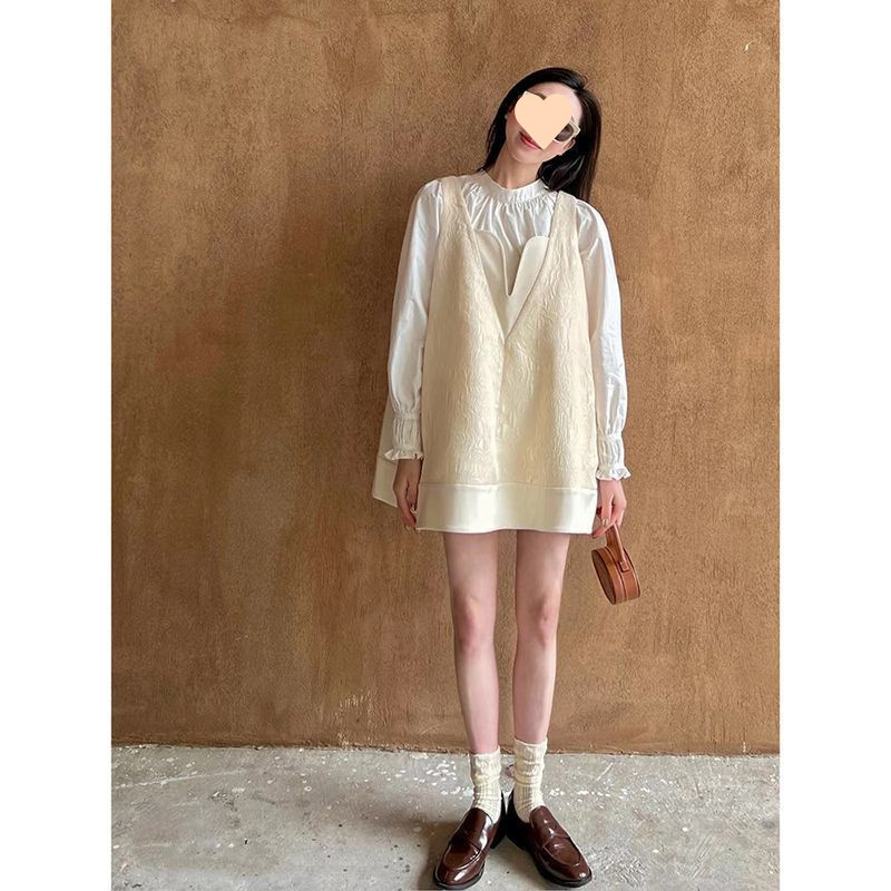 2025春季新款小香風杏色寬鬆領馬甲背心百搭白色襯衫兩件套裝女