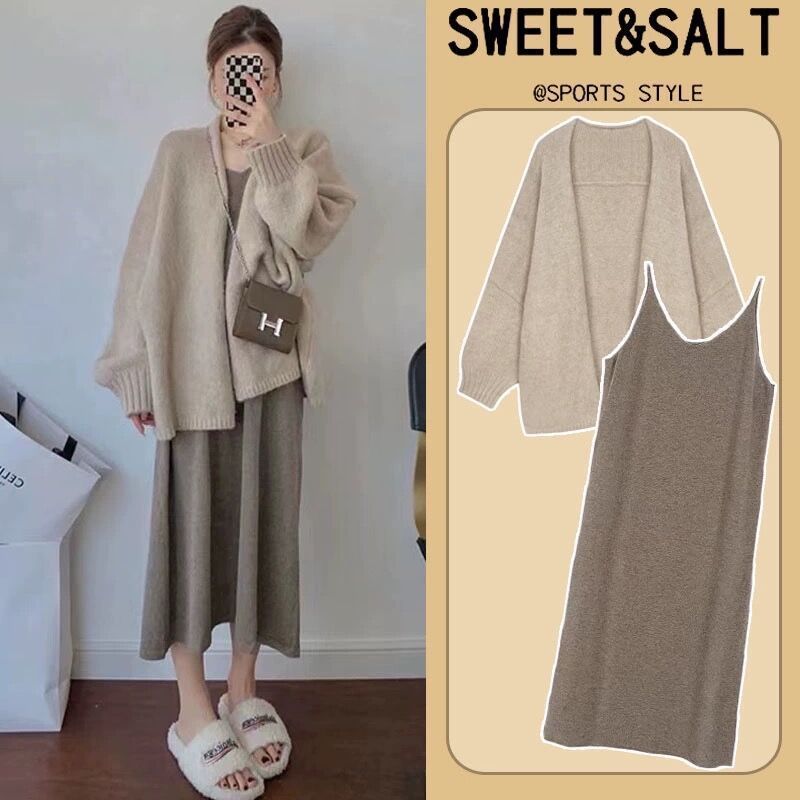 Pregnant women's autumn dress with loose open jacket top, fashionable and elegant, lazy style, outdoor winter and autumn set of two