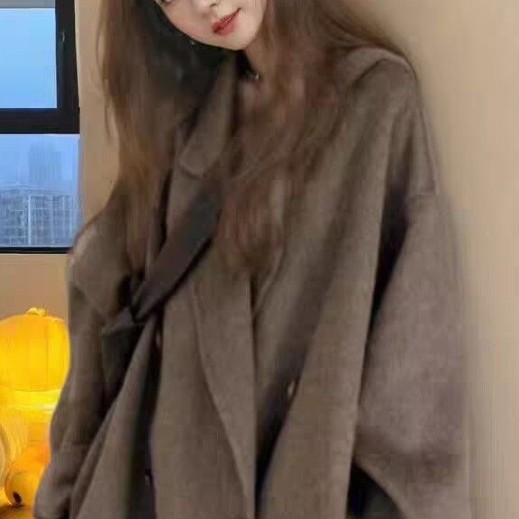 双面毛绒灰色毛呢子大衣女秋冬新款羊中长外套小个子加厚大码