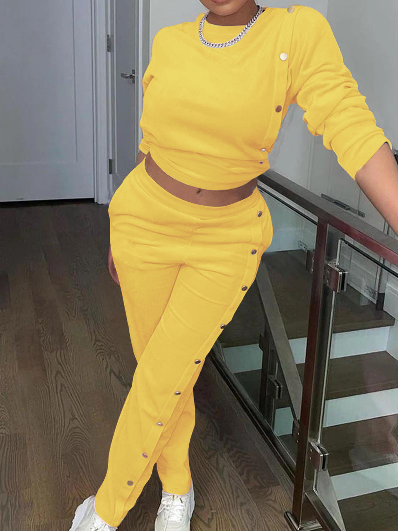 Women's Clothing women's clothing Side breasted two piece sweatshirt long sleeved trousers fashionable casual suit_voghion.com