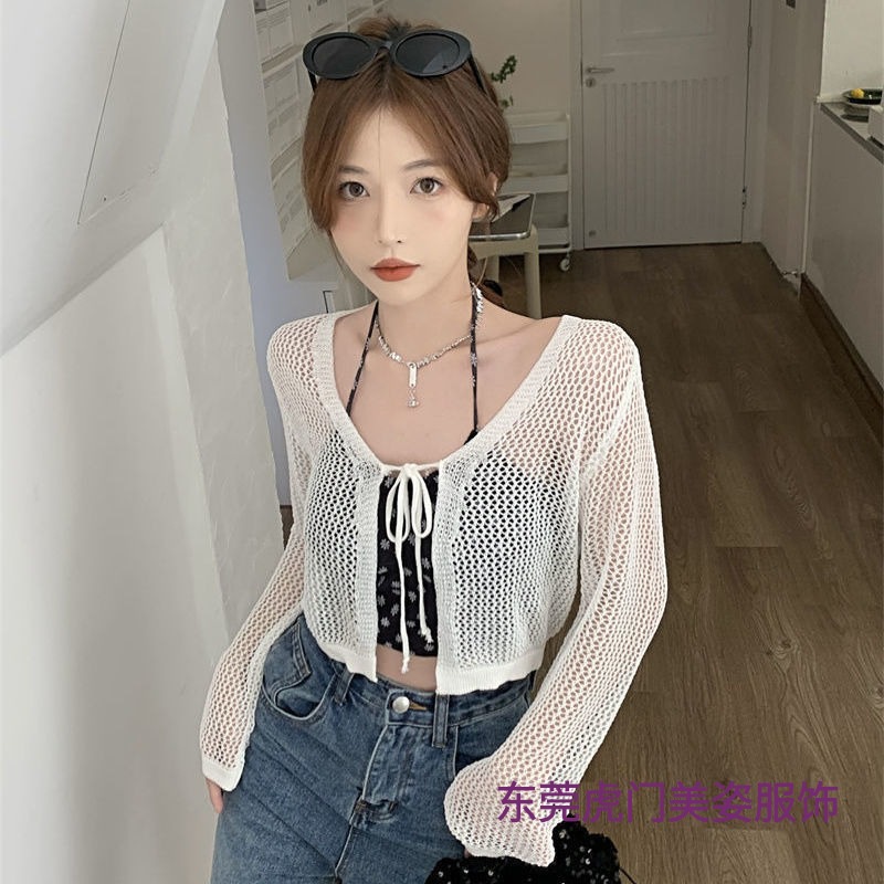 夏季新款甜辣妹镂空罩衫防晒外套针织开衫女碎花抹胸短款上衣套装