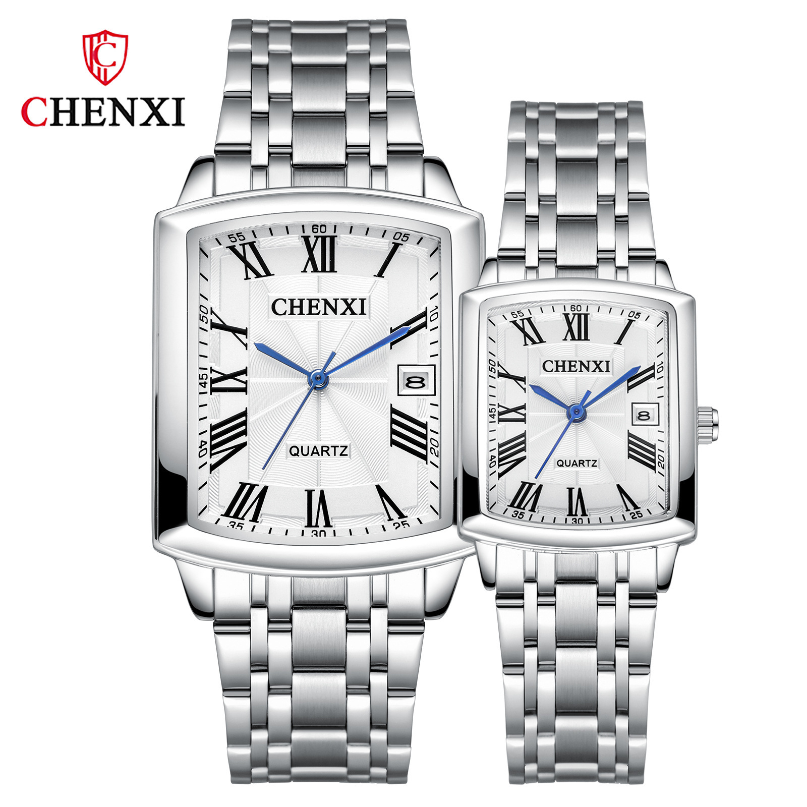 Reloj de pareja chenxi escala romana calendario de ocio reloj de cuarzo correa de acero cuadrada reloj de hombre 079A