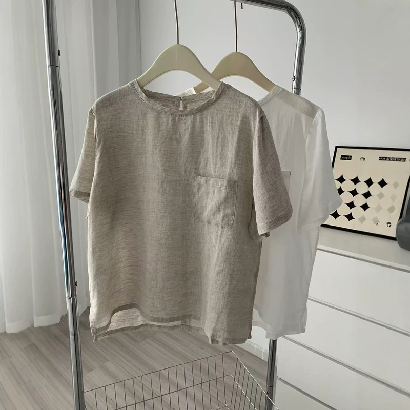 High-Quality All-Linen Comfortable Cool Breathable Simple Loose Pocketed Round-Neck Short-Sleeve Loose Slit Shirt Women's Top