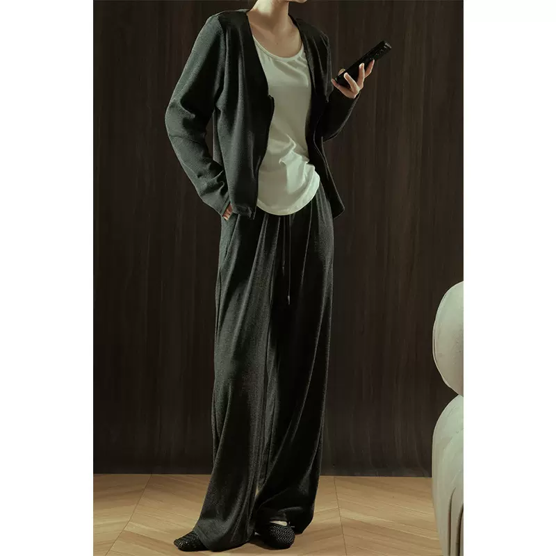 【衡嘉JP】慵懒撞色假两件针织衫上衣松紧腰宽松阔腿裤女休闲套装