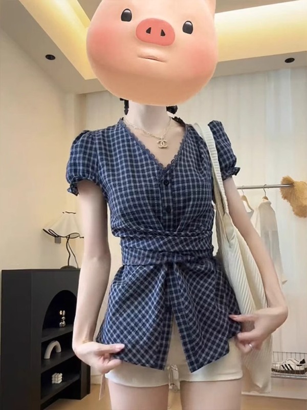 微胖巨瘦大码胖mm蕾丝边格子短袖衬衫女夏季不规则设计感绑带上衣|undefined