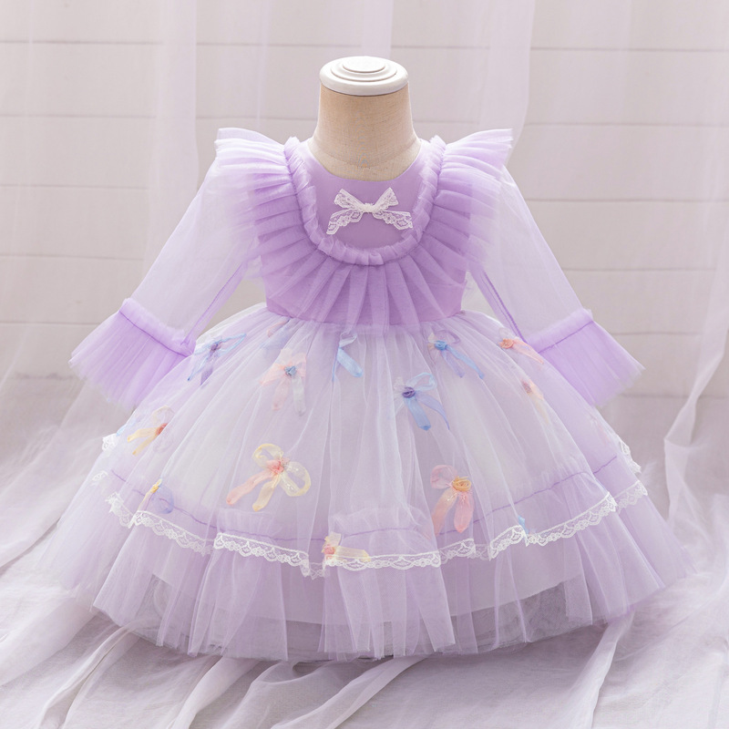 Cross-border New Children's Dress Long Sleeve Bow Mesh Puffy Dress Purple Princess Dress Wedding Dress Dress Cross-border New Children's Dress Long Sleeve Bow Mesh Puffy Dress Purple Princess Dress Wedding Dress Dress