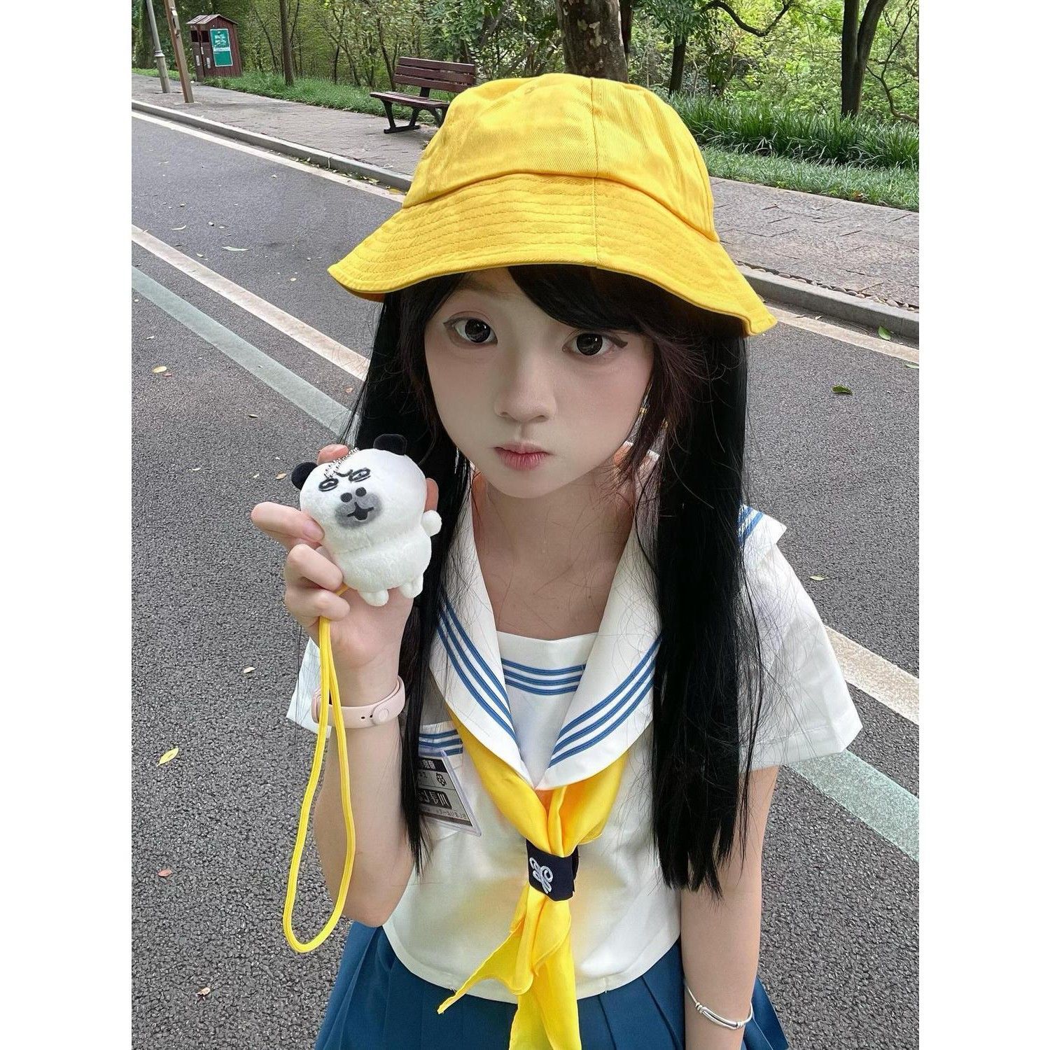 Schoolgirl style JK uniform outfit: white-collar blue three-layer sailor top paired with a blue pleated skirt, soft girl set for women.