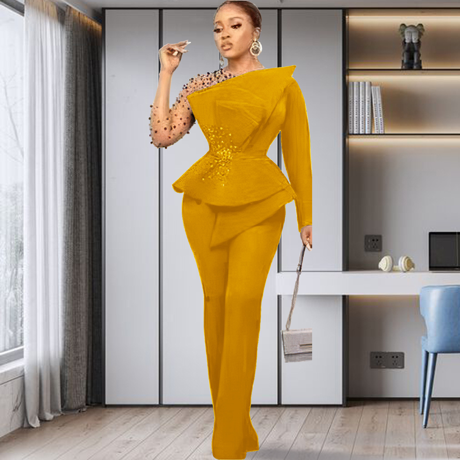 Completo pantalone donna taglie forti con dettagli in mesh e perle_voghion.com