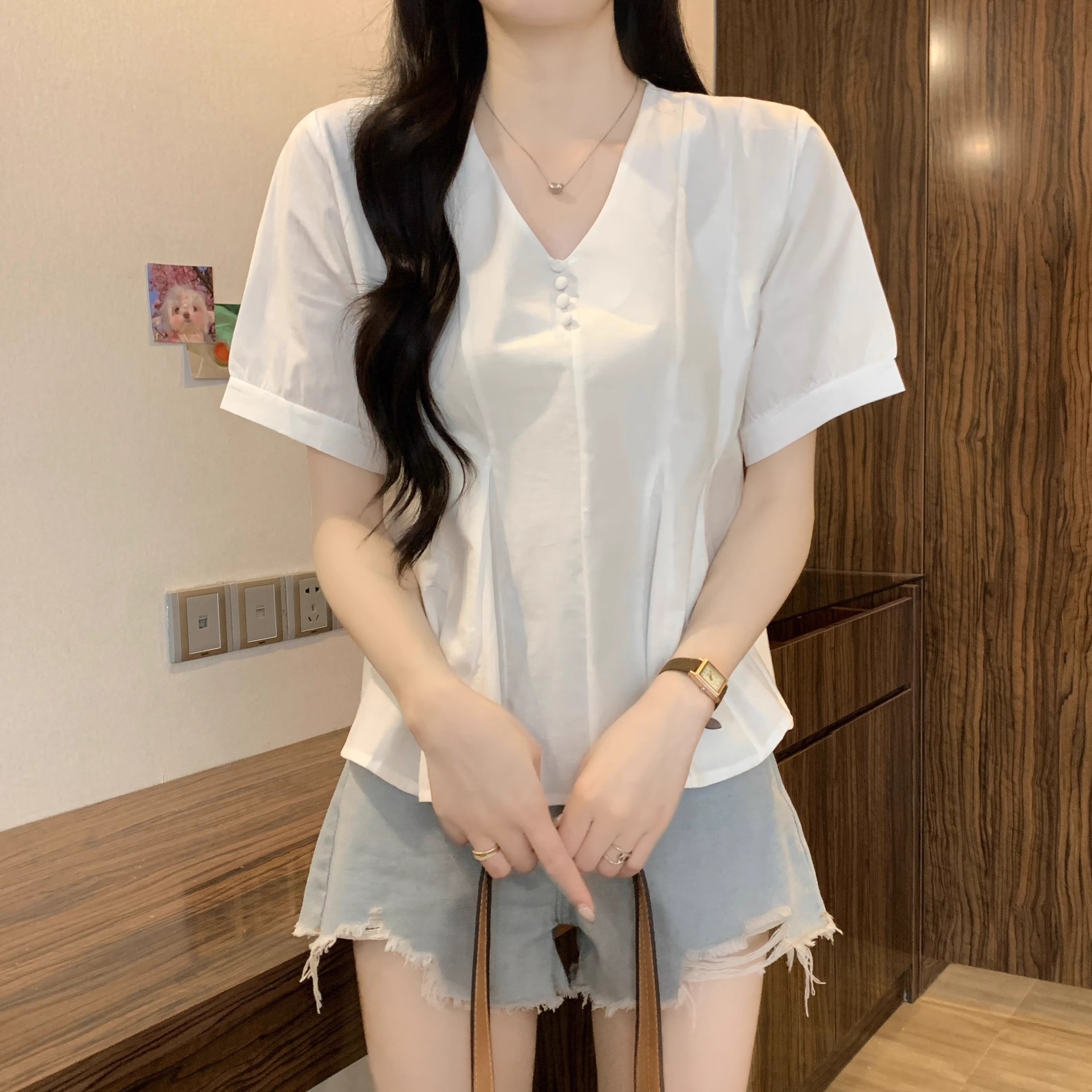 Áo sơ mi nữ cỡ lớn tay ngắn màu xanh lam dáng suông che khuyết điểm — Màu xanh lam chi tiết 16