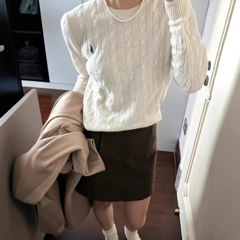 Rl Raff Knitted Pullover Sweater Round Neck Wool Bottoming Shirt Twist Retro Sweater Women's Autumn and Winter Top Sweater