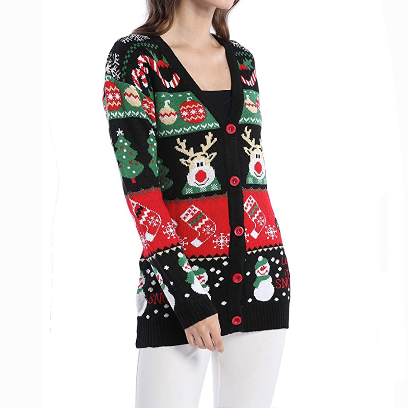Casual Snowman Snowflake Elk Acrylic Knit V Neck Long Sleeve Regular Sleeve Patchwork Rib-knit Cardigan display picture 2