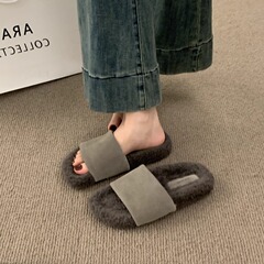 BEILIXUAN 牛皮百搭厚底毛毛拖鞋女外穿秋冬仙女风休闲羊羔毛一字