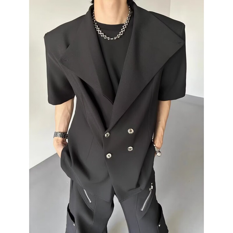 Men's New Summer Korean Style Loose Black Short-Sleeve Blazer Trendy Thin Jacket