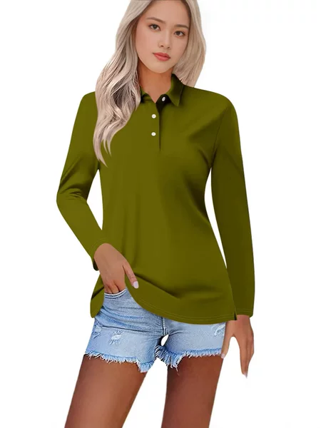 2024 Spring European and American New Slim Fit Lapel Solid Color Long Sleeve Top Polo Shirt Women's Casual T-Shirt Color Block