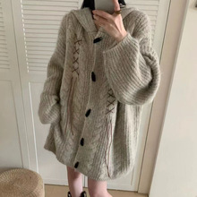 美式复古风麻花兔耳朵毛衣外套女秋冬美拉德宽松针织开衫外穿1334