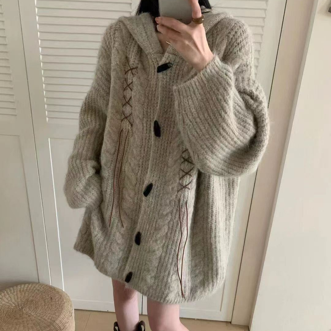 美式复古风麻花兔耳朵毛衣外套女秋冬美拉德宽松针织开衫外穿1334