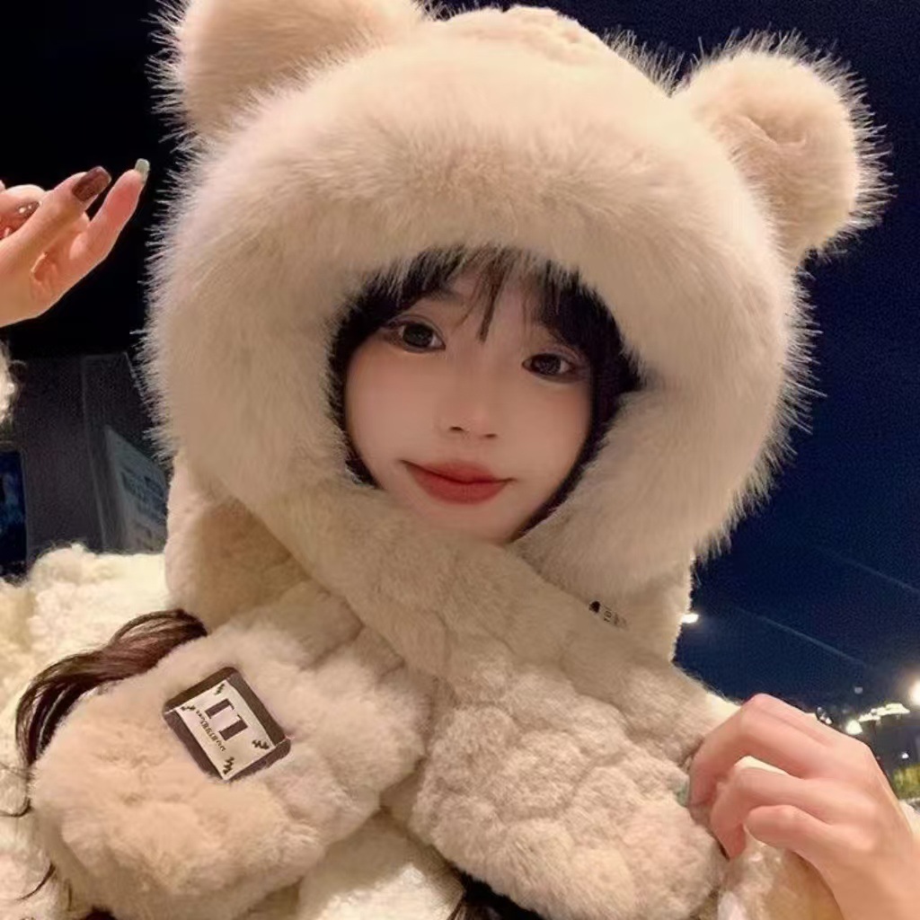 ぬいぐるみクマの帽子女性のための秋と冬 2025 新しいかわいい顔が見える小さな防風暖かい耳保護多用途プルオーバー帽子