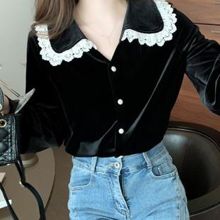 Golden Velvet Long-sleeved Shirt Women's Autumn New Arrival Stylish Lace Stitching Doll Collar Top Loose All-match Sweet Small Shirt
