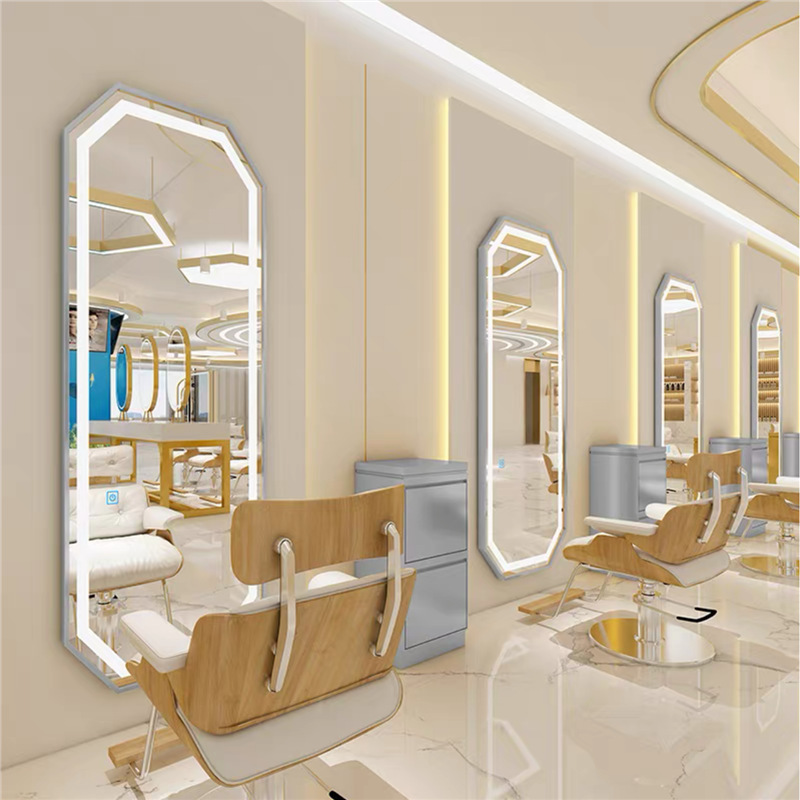 Barbería en línea tabla de espejo salón especial tipo pared simple barbería espejo de piso LED tabla de espejo de escaldado control táctil