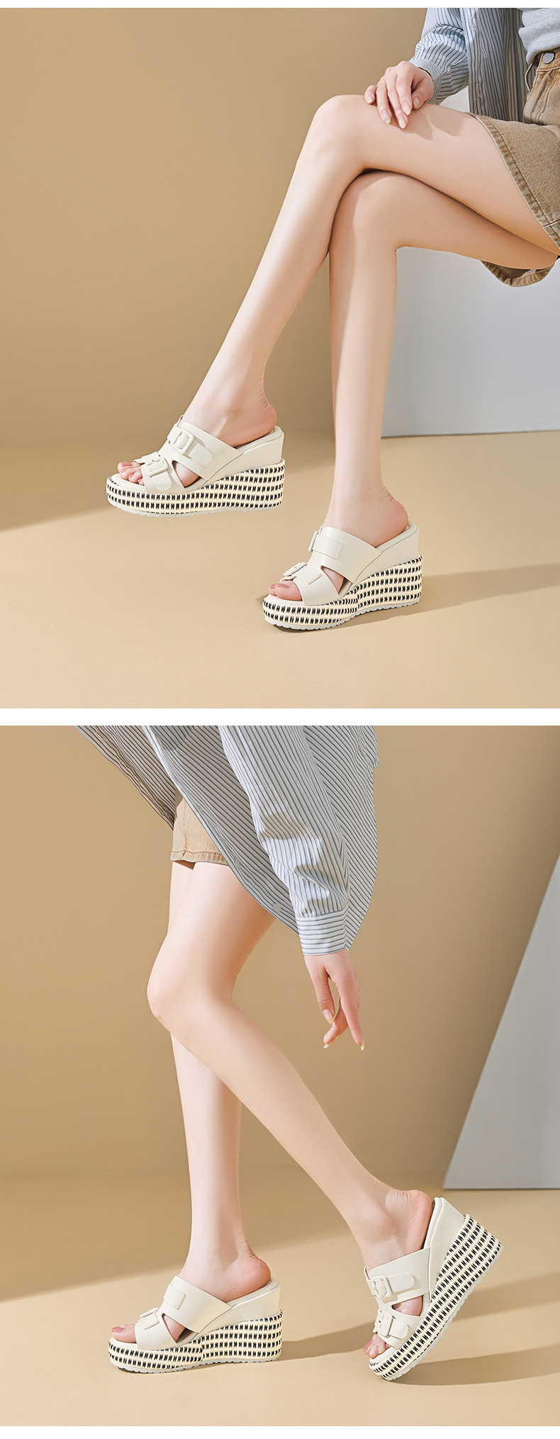 Sandal cao gót nữ đế xuồng da thật quai khóa mũi hở — màu đen, màu nâu nhạt, Trắng kem- chi tiết 6