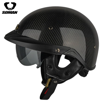 Soman Retro Half Helmet Electric Vehicle Half Helmet Women's Carbon Fiber Helmet Motorcycle Helmet Men's 3C Certified Safety Helmet (Motosiklet kaskı (dəbilqə)) - h3-carbon-fiber-glitter-black-s