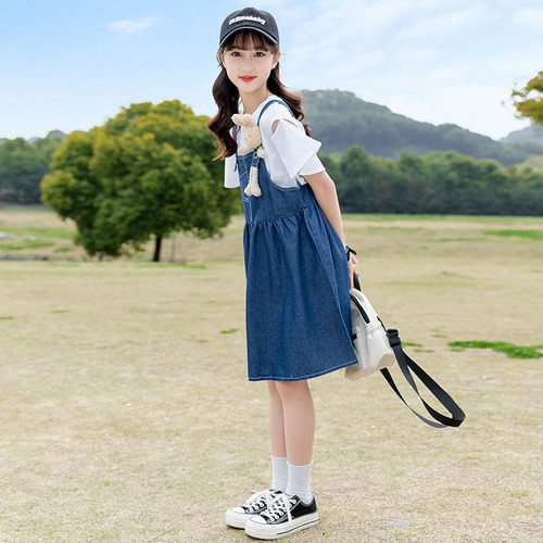 Ladie's Summer Belted Dress Set 2024 New Trendy Medium and Large Children's Korean Style Denim Dress Children's Skirt