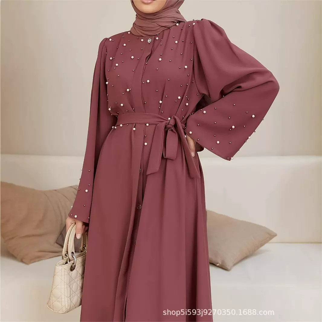 欧美跨境新款阿拉伯中东穆斯林气质长袖优雅连衣裙珍珠长袍ABAYA